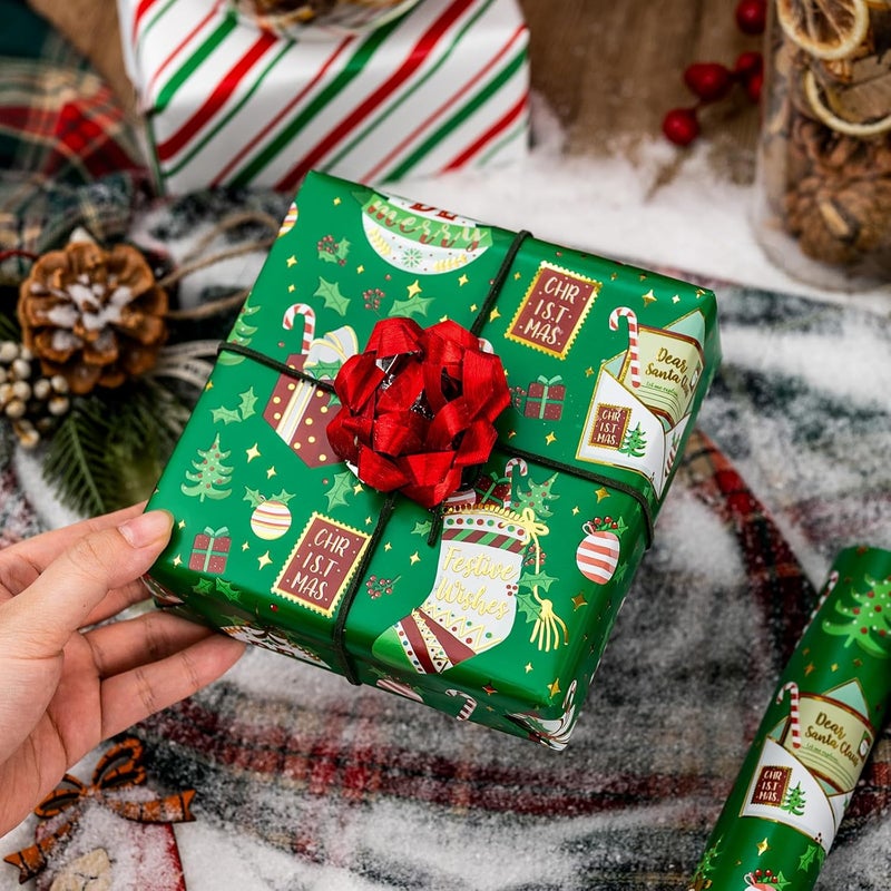 MAYPLUSS Green Christmas Wrapping Paper Roll, Reversible Festive Ornament Wrapping Paper, Metllic Foil Vintage Stocking & Bell Christmas Gift Wrap for Kid Holiday, Celebrations (17 Inch X 33 Feet) - Image 4